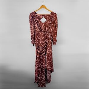 New LUSH Surplice Neck Gathered Front Open Back Midi Dress Merigold Medium